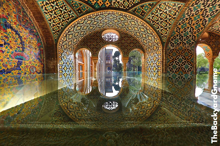 Reflection of the arch over the glass case, in the gazebo of the Golestan Palace, in Tehran, Iran. Golestan Palace is the former royal complex.
