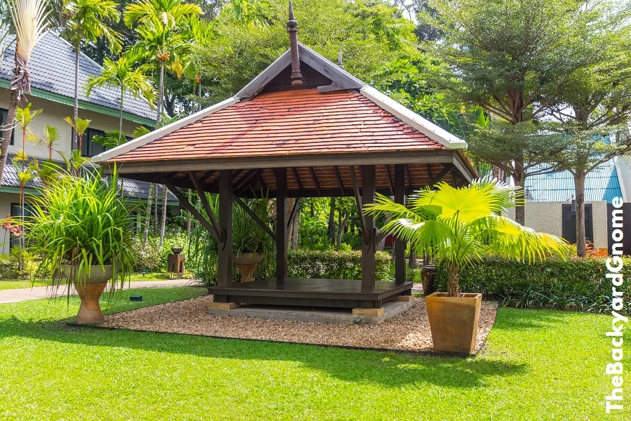 Beautiful wooden gazebo and nice green lawn