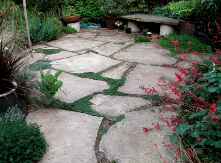 Backyard landscaping with flagstone