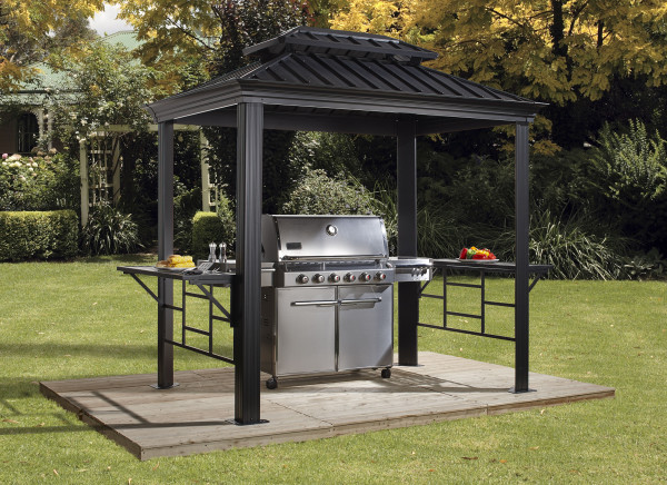 An Example of Sojag Outdoor Messina Grill Steel Hardtop Gazebo with Shelving