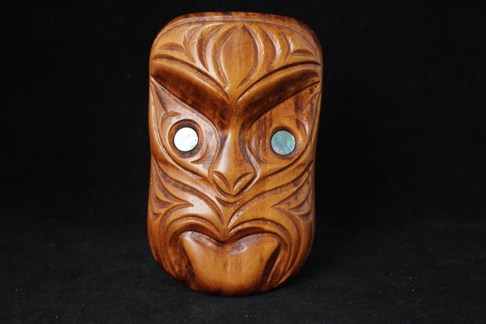 Carved Wood Hawaiin Tribal Head Figurine With Abalone Shell Eyes